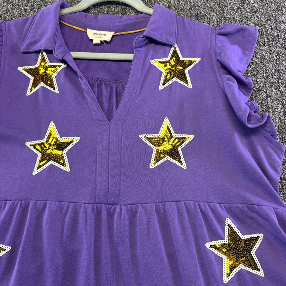 Umgee Mini Dress Womens 1XL Purple Gold Sequin Star Cotton V-Neck Ruffle Sleeve - Picture 2 of 16